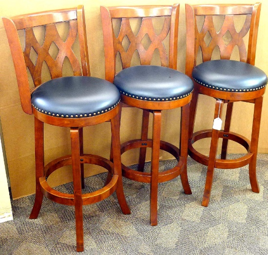 Three nice stools were new just three years ago and still look great. 30" to seat and about 41" tall