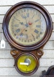 Nice antique calendar wall clock comes with key, runs. Clock has a beautiful patina and looks in