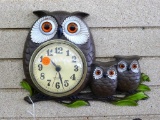 Totally retro owl clock, face marked New Haven and back marked Burwood Products Company. Measures