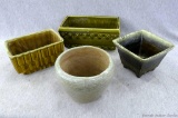 Three green potter planters and a stoneware planter. Small square one marked Hull USA A2, measures