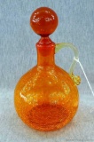 Handmade crackle glass cruet with applied handle and stopper is in good condition. About 6-1/2