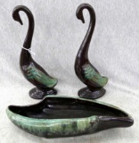 Pair of swan figurines and a complimentary dish. Swans about 9-1/2