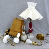 Cute bookshelf or desk lamp with stone or similar base, wall-mount white hobnail lamp, other