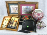 Tablecloth duster, Oriental style vase, jewelry box, framed pieces up to 12