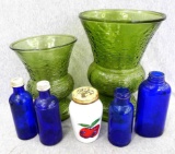 Vintage shaker bottle with strawberry graphics, pair of green glass vases up to 10