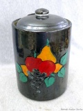 Retro glazed stoneware cookie jar is marked USA. Jar and lid in good condition, stands about 6-1/2