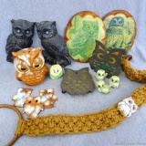 Don't let this lot make you owly... owl windchimes, napkin holder and trivet, wall hangings,