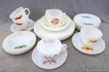 Cheery Fire King teacups and saucers incl 9 in the Fire King Bonnie Blue flower pattern. Also incl a