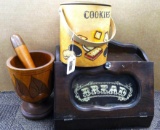 Very cool wooden bread box, large wooden mortar and pestle, and cute wooden cookie jar. All pieces