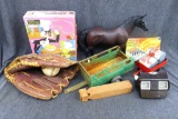 Cute assortment of vintage games and toys. Viewmaster, Pocket Chess & Checkers, horse, and more