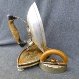 Vintage electric Dover iron, small iron, and Sunbeam hot iron holder. All pieces have some ware and