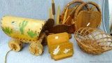 Collection of neat wooden decorations. Duck scene, wagon lamp, fruit baskets, napkin holders, and