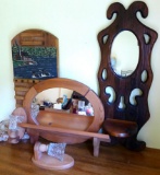 Located at alternate address in Prentice. Wooden wall hanging decorations incl. shelves, mirror,