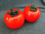 Intriguing art glass red tomatoes, would make for new kitchen decor. Measure about 4'' x 3''