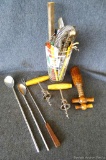 Mixed drink tools, wooden cork screws, mixing sticks, glass, and more. Items are in nice shape,