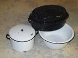 Located at alternate address in Prentice. Black and white enameled stock pot and basin, plus an