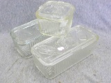 Glass refrigerator storage dishes, all in good condition. Measure 4'' x 4'' x 3'' and 8 1/2'' x 4