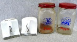 Art Deco or similar salt n' pepper shakers, flour shaker, and other glass pepper shaker. Art Deco