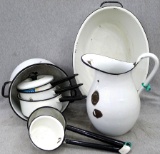 Enamel ware dish set, incl pots, boiling pot, large water pitcher, and basin. All in decent