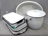 Enamel ware dish set, incl. serving dishes, basin, and good ole chamber pot. Enamel is in good