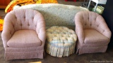 Pair of vintage Flexsteel side chairs, plus a Thomasville plaid ottoman with casters. All pieces are