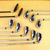Callaway Razr Dri-Tac golf clubs 3 through 9, plus a putter, one marked S and one marked A. Includes