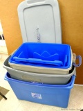 Stack of 5 totes in various sizes. Largest is 35 gallon, smallest is 18 gallon - all have lids.