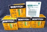 Five boxes of Stanley Bostitch 16 ga finish nails. Four boxes feel full or mostly full, one closer