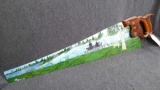Vintage hand saw is hand painted with a river scene and measures about 30