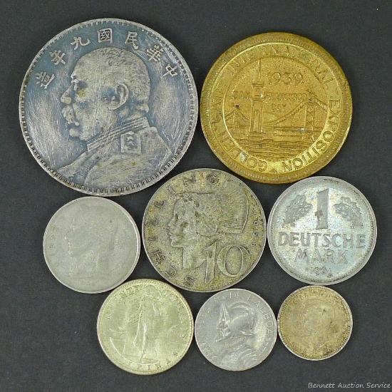Chinese Fat Man silver dollar and other coins and currency incl 10 schillings, Australian three