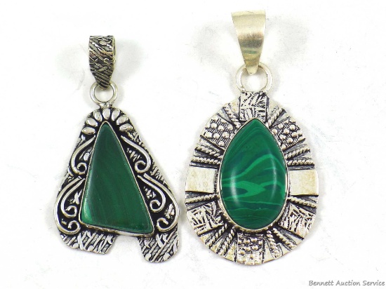 Two southern looking necklace pendants with green Malachite stones in oval and triangle shapes