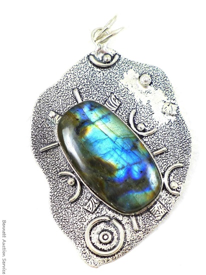 Unique decorative necklace pendant, approx. 3" long, southern motif with 1 1/2" multicolored blue