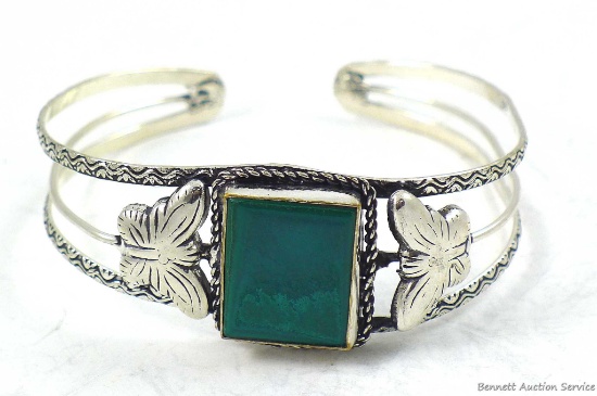 Attractive cuff bracelet with square Malachite stone centered between two butterflies, sterling,