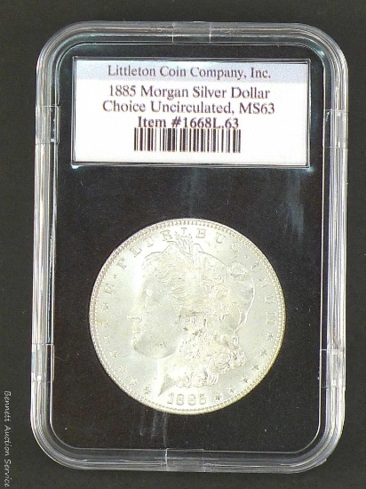 1885 Morgan Silver Dollar slabbed Choice Uncirculated, MS63 by Littleton Coin Company Inc.