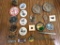 Optimo cigar box with assorted buttons, pins, tie bars, pendants, more commemorating various