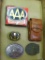 Snap On, Jack Daniels, and NRA belt buckles up to 4''. Vintage leather cigarette case by Montana
