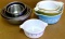Pyrex dishes are 1-1/2 pt., 1qt, 1-1/2 qt, and 2-1/2 qt; stainless bowls up to around 10