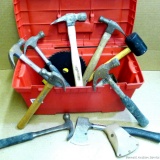 19'' tool box with assorted hammers, hatchet, hack saw blades, and more.