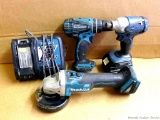 Makita 18 volt drill, impact driver, right angle grinder, charger and 3.0Ah battery. All works.