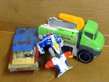 Vintage VYLI VT metal flat bed truck toy with one missing wheel, has some rusting and paint chip but