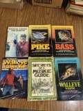 Vintage fishing guides including Secrets of a Muskie Guide by Tony Rizzo; Walley in Shallow Water;