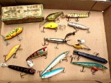 Original Creek Chub Bait Co. lure box, plus fishing lures up to 5''