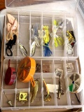 Two Plano fishing lure organizers 11'' wide, plus nice assortment of tackle and lures.