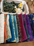 Nice assortment of sewing or quilting material in blues, greens, some oranges & reds. Box is approx.