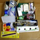 Quilter's thumb tacks, sewing machine needles, Dritz button kits, curling ribbon, cross stitch