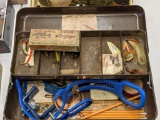 15'' steel tackle box, with original Creek Chub Creek Co. empty box, clamp on fishing rod holders,