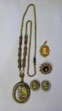 Handpainted clip earring and necklace set marked W. Germany; Pretty sparkly ladies pin is 1-1/4