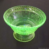 Green vaseline pedestal dish, measures 4'' x 7''. No seeable cracks/ships very nice dish.