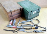 Delightful handmade wooden boxes 12'' long, one comes with assorted tools.