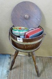 Neat little vintage sewing stand is filled with sewing notions including a nice pair of Wiss pinking